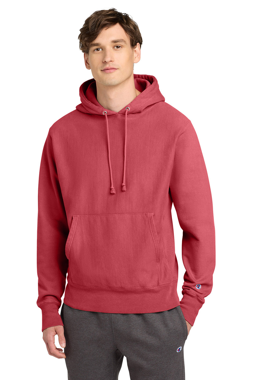 Champion GDS101 Mens Reverse Weave Garment Dyed Hooded Sweatshirt Hoodie w/ Pouch Pocket Crimson Red Model Front