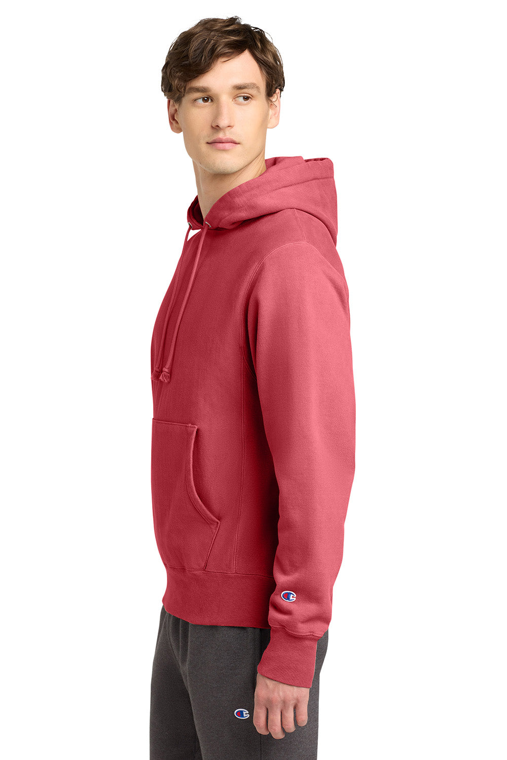 Champion GDS101 Mens Reverse Weave Garment Dyed Hooded Sweatshirt Hoodie w/ Pouch Pocket Crimson Red Model Side