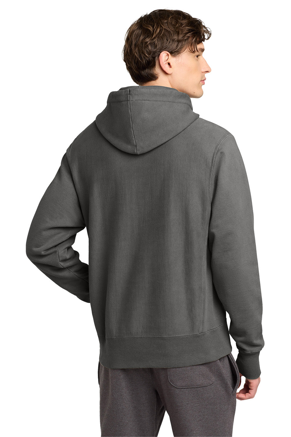 Champion GDS101 Mens Reverse Weave Garment Dyed Hooded Sweatshirt Hoodie w/ Pouch Pocket New Railroad Grey Model Back