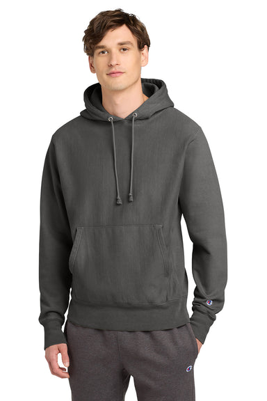 Champion GDS101 Mens Reverse Weave Garment Dyed Hooded Sweatshirt Hoodie w/ Pouch Pocket New Railroad Grey Model Front