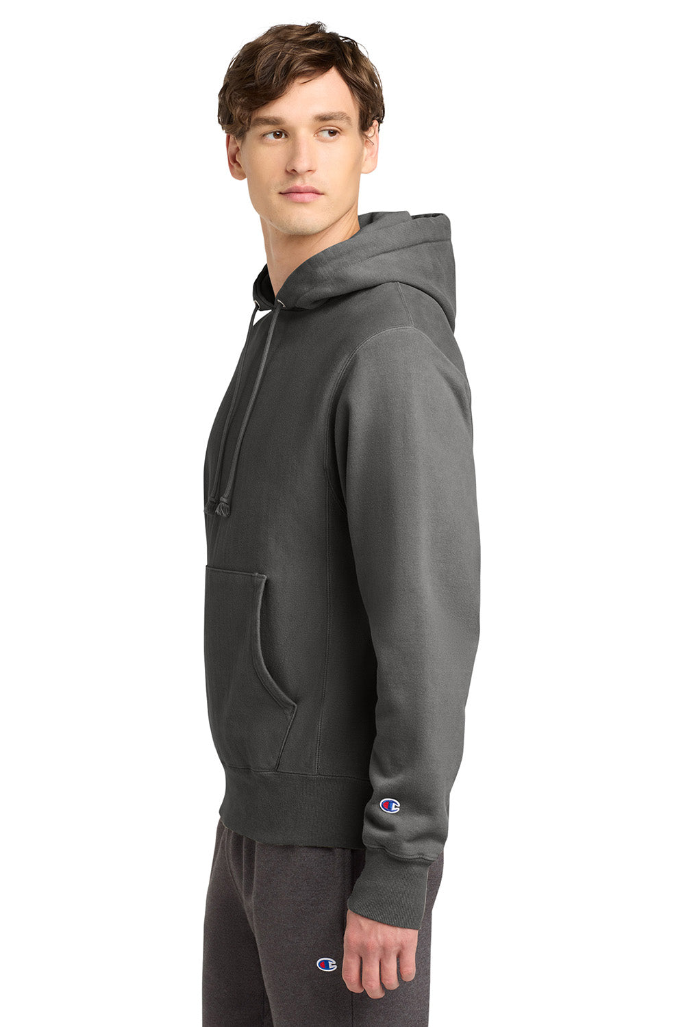Champion GDS101 Mens Reverse Weave Garment Dyed Hooded Sweatshirt Hoodie w/ Pouch Pocket New Railroad Grey Model Side