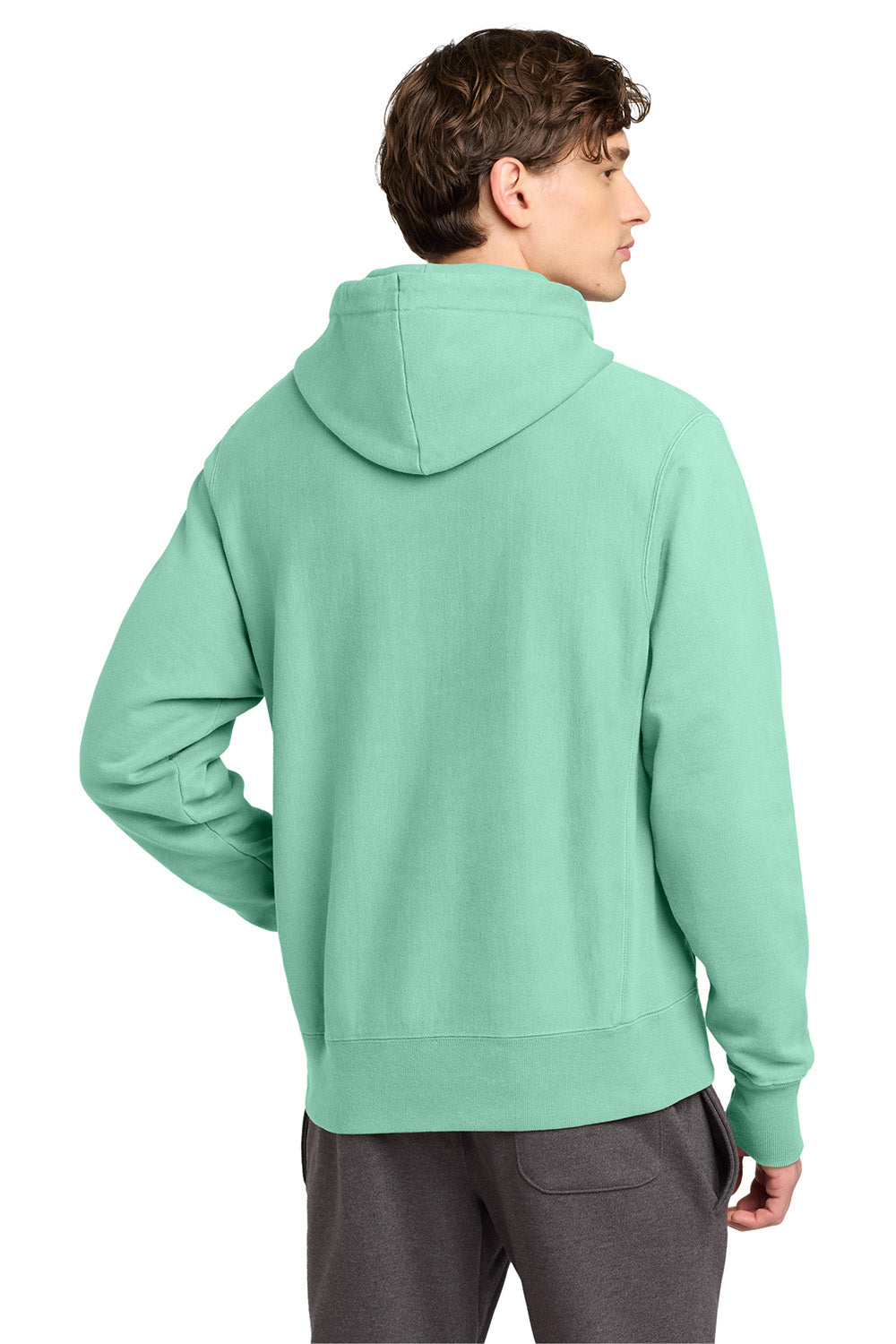 Champion GDS101 Mens Reverse Weave Garment Dyed Hooded Sweatshirt Hoodie w/ Pouch Pocket Pale Seafoam Green Model Back