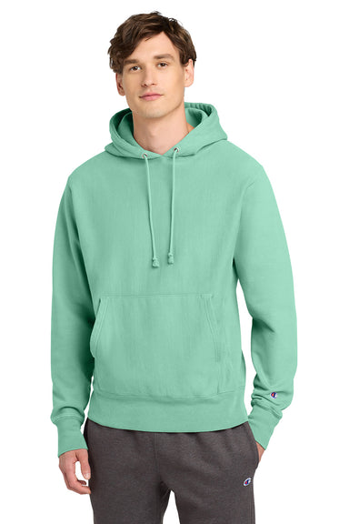 Champion GDS101 Mens Reverse Weave Garment Dyed Hooded Sweatshirt Hoodie w/ Pouch Pocket Pale Seafoam Green Model Front