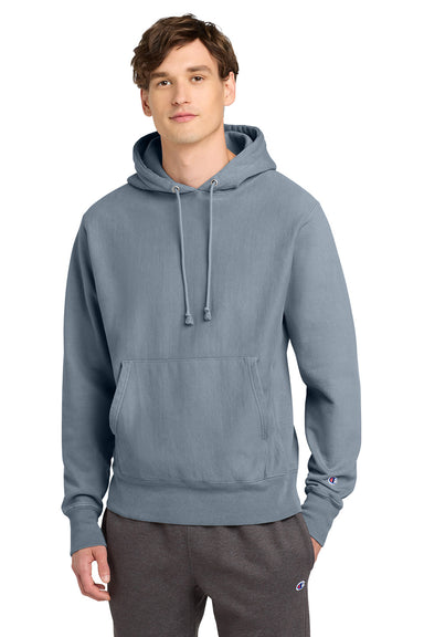 Champion GDS101 Mens Reverse Weave Garment Dyed Hooded Sweatshirt Hoodie w/ Pouch Pocket Saltwater Blue Model Front