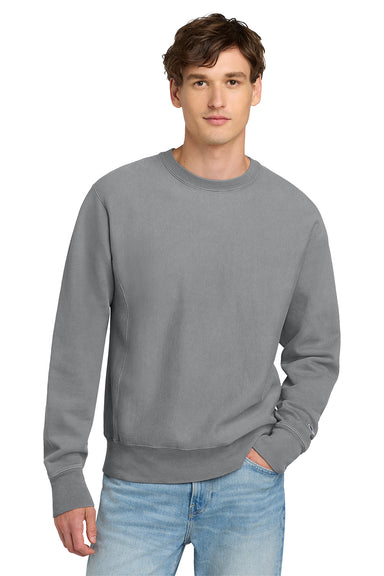 Champion GDS149 Mens Reverse Weave Garment Dyed Crewneck Sweatshirt Concrete Grey Model Front