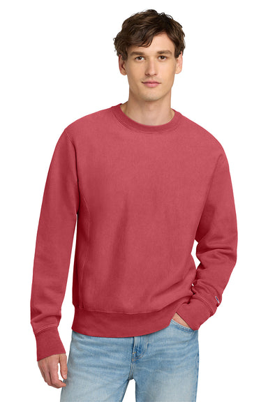 Champion GDS149 Mens Reverse Weave Garment Dyed Crewneck Sweatshirt Crimson Red Model Front