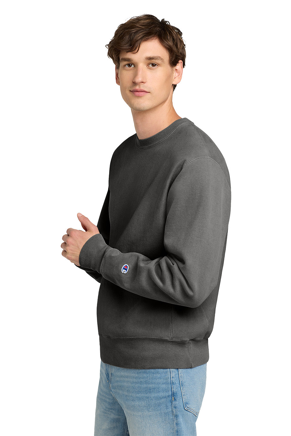 Champion GDS149 Mens Reverse Weave Garment Dyed Crewneck Sweatshirt New Railroad Grey Model Side
