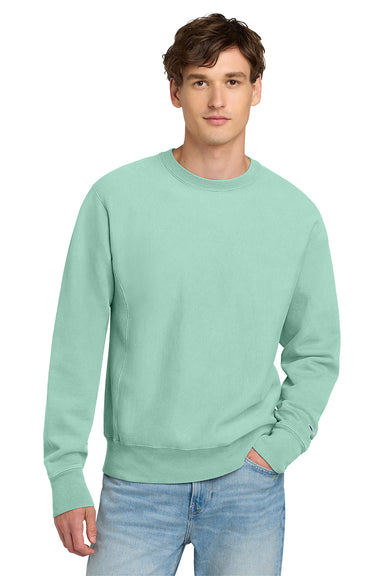 Champion GDS149 Mens Reverse Weave Garment Dyed Crewneck Sweatshirt Pale Seafoam Green Model Front