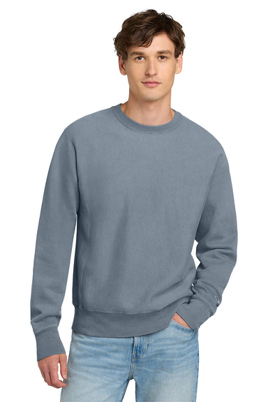 Champion GDS149 Mens Reverse Weave Garment Dyed Crewneck Sweatshirt Saltwater Blue Model Front
