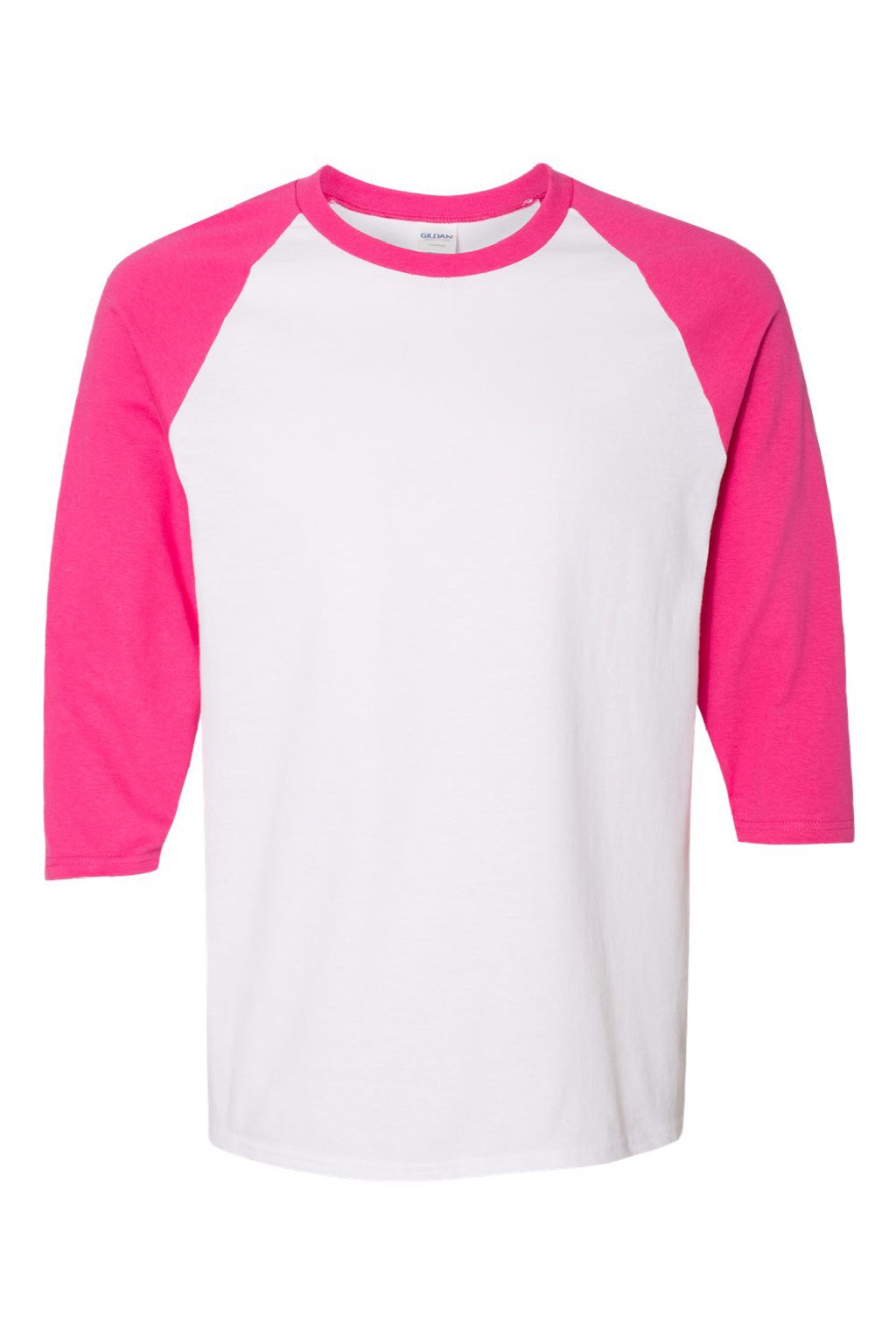 Gildan 5700 Mens 3/4 Sleeve Crewneck T-Shirt White/Heliconia Pink Flat Front