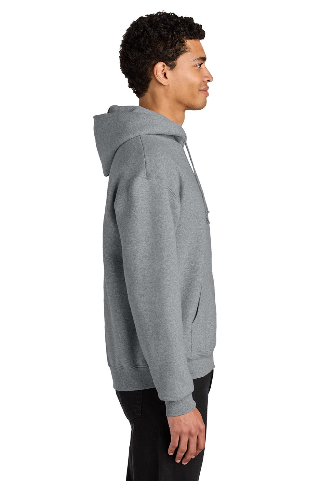 Jerzees H12M Mens Rugged Hooded Sweatshirt Hoodie w/ Pouch Pocket Heather Grey Model Side