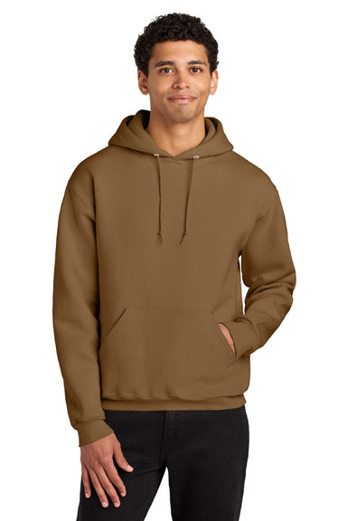 Jerzees H12M Mens Rugged Hooded Sweatshirt Hoodie w/ Pouch Pocket Golden Pecan Brown Model Front