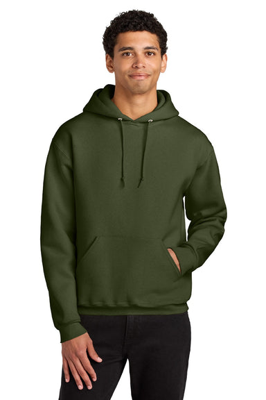 Jerzees H12M Mens Rugged Hooded Sweatshirt Hoodie w/ Pouch Pocket Military Green Model Front