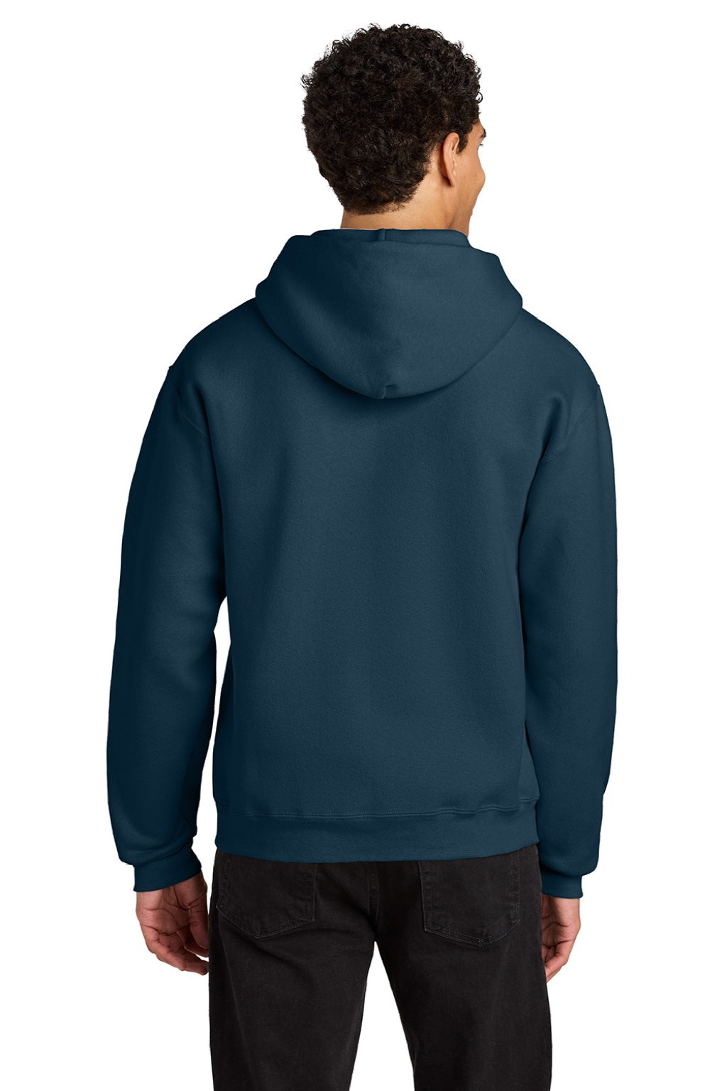 Jerzees H12M Mens Rugged Hooded Sweatshirt Hoodie w/ Pouch Pocket Washed Navy Bue Model Back