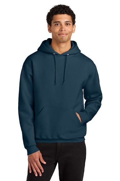 Jerzees H12M Mens Rugged Hooded Sweatshirt Hoodie w/ Pouch Pocket Washed Navy Bue Model Front