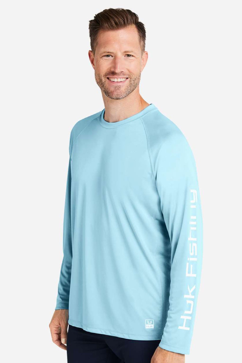 Huk H12L009 Mens LoPro Pursuit Long Sleeve Crewneck T-Shirt Island Paradise Blue Model Side