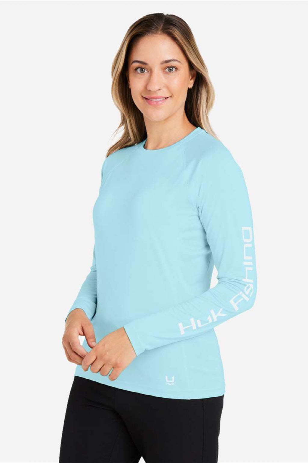 Huk H612L04 Womens LoPro Pursuit Long Sleeve Crewneck T-Shirt Island Paradise Blue Model Side