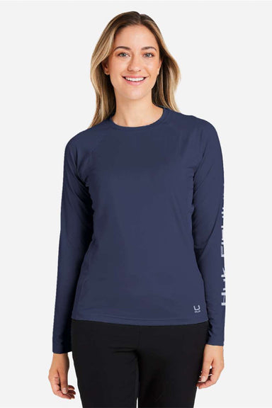 Huk H612L04 Womens LoPro Pursuit Long Sleeve Crewneck T-Shirt Naval Academy Blue Model Front