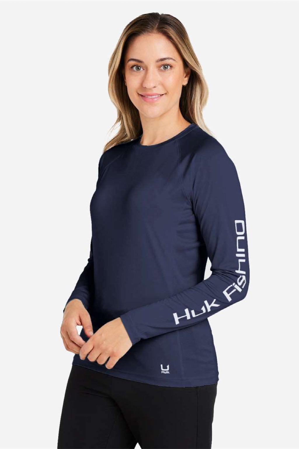 Huk H612L04 Womens LoPro Pursuit Long Sleeve Crewneck T-Shirt Naval Academy Blue Model Side