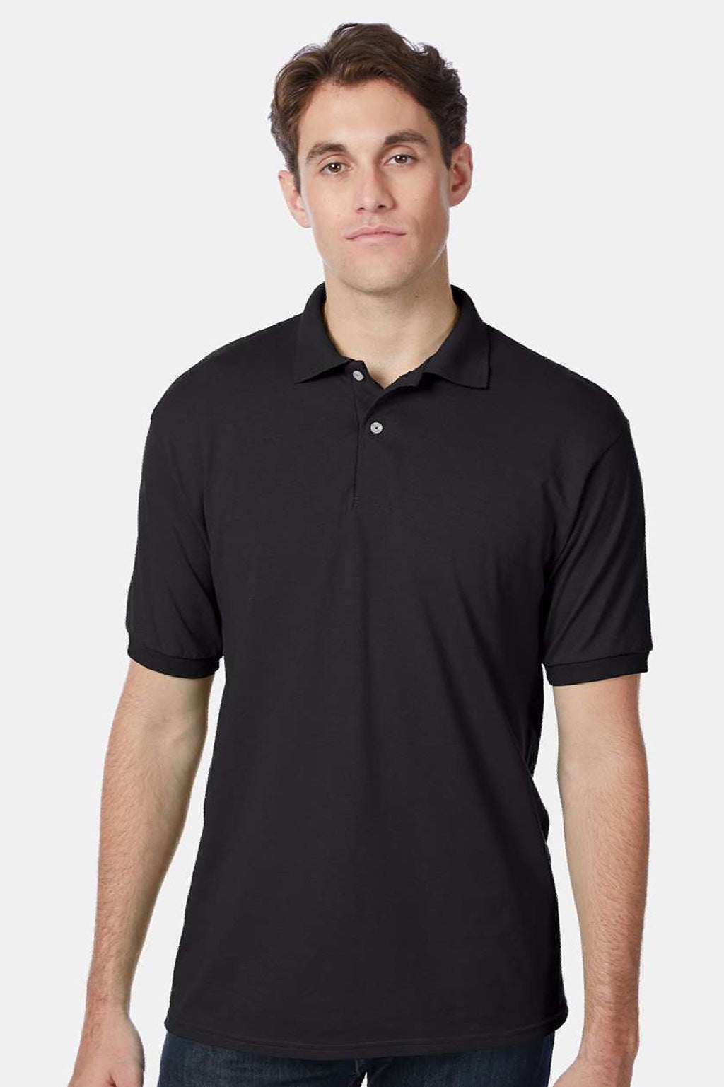 Hanes 054X Mens EcoSmart Short Sleeve Polo Shirt Black Model Front