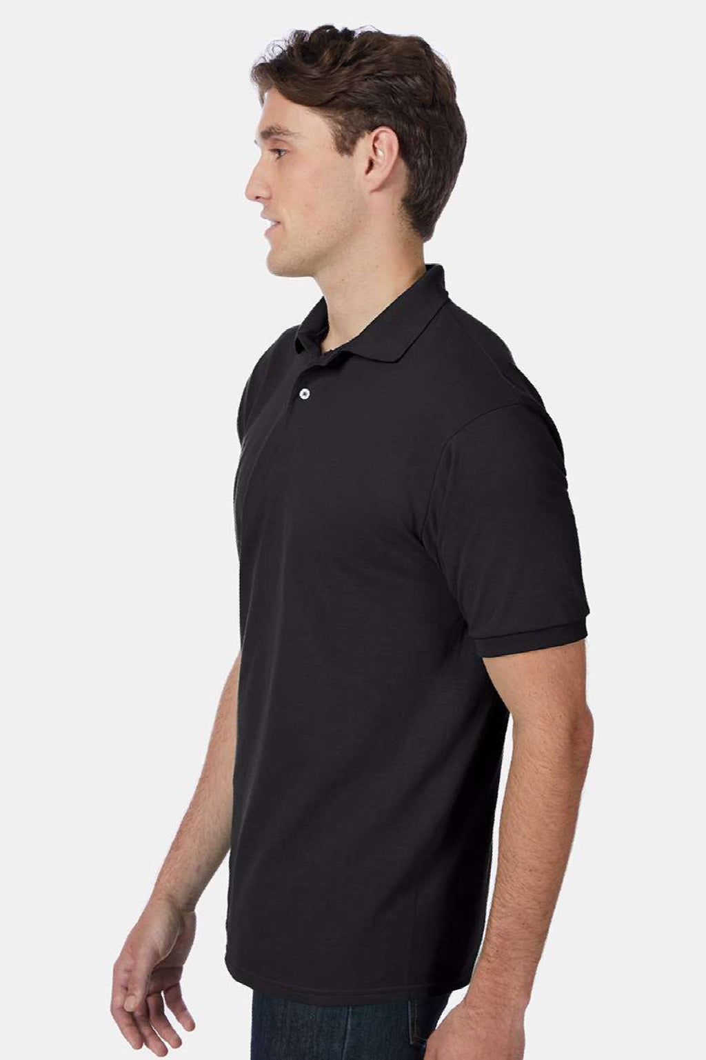 Hanes 054X Mens EcoSmart Short Sleeve Polo Shirt Black Model Side