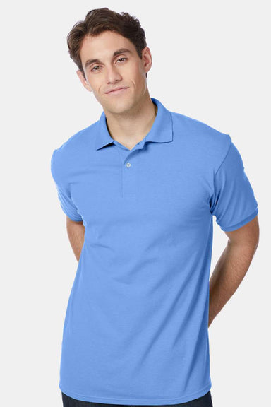 Hanes 054X Mens EcoSmart Short Sleeve Polo Shirt Carolina Blue Model Front