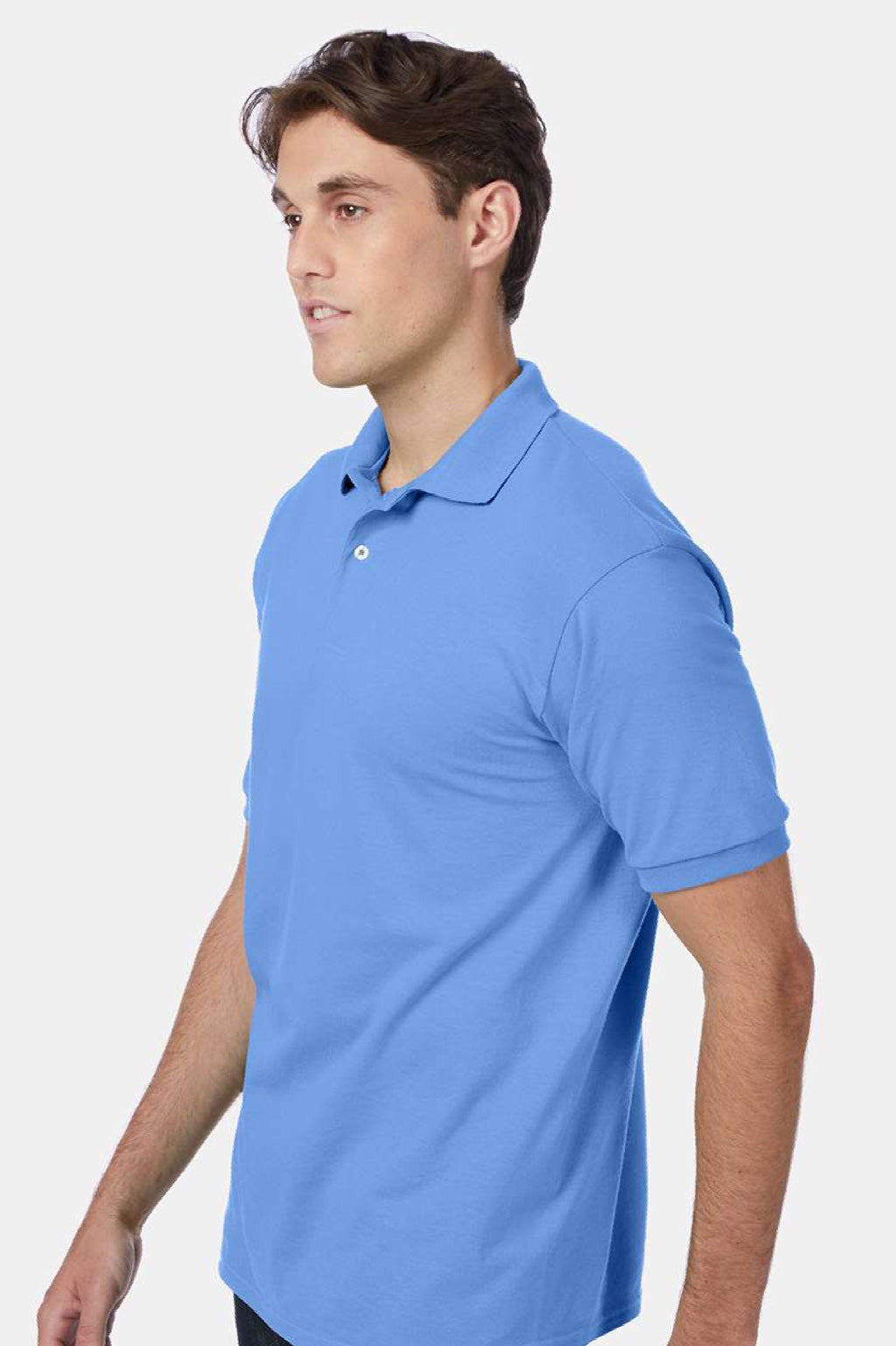Hanes 054X Mens EcoSmart Short Sleeve Polo Shirt Carolina Blue Model Side