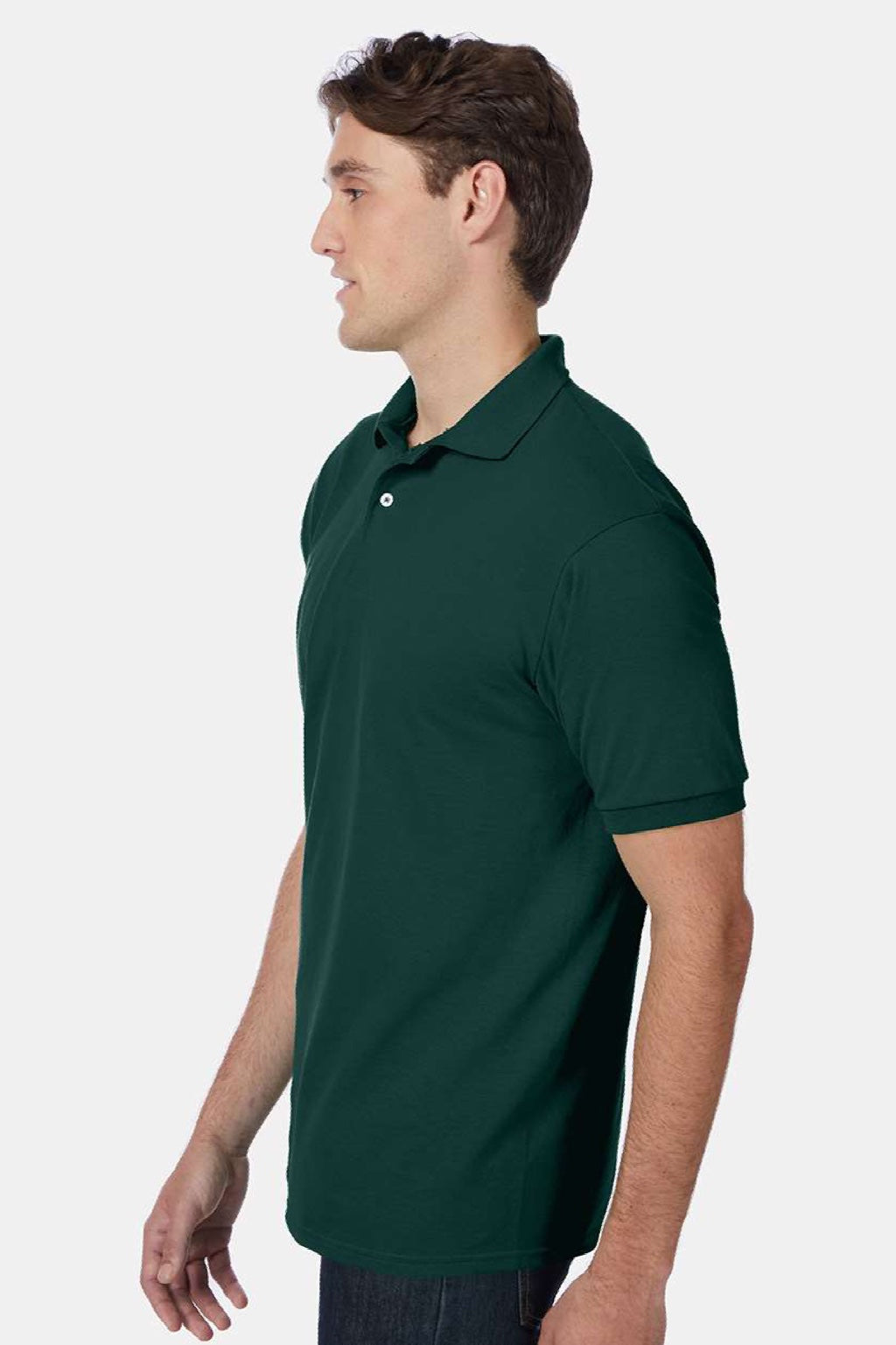 Hanes 054X Mens EcoSmart Short Sleeve Polo Shirt Deep Forest Green Model Side