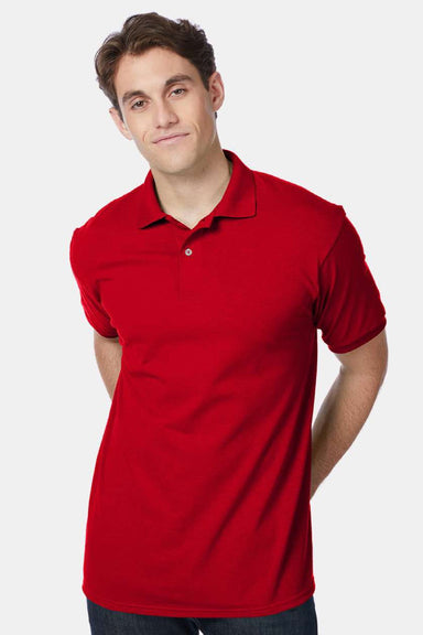 Hanes 054X Mens EcoSmart Short Sleeve Polo Shirt Deep Red Model Front