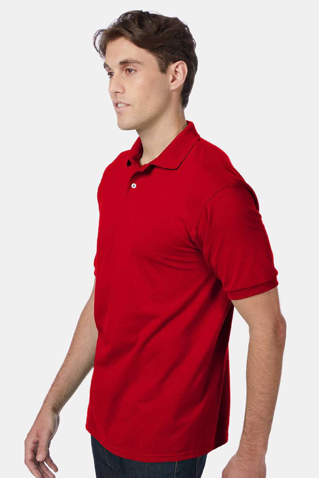 Hanes 054X Mens EcoSmart Short Sleeve Polo Shirt Deep Red Model Side