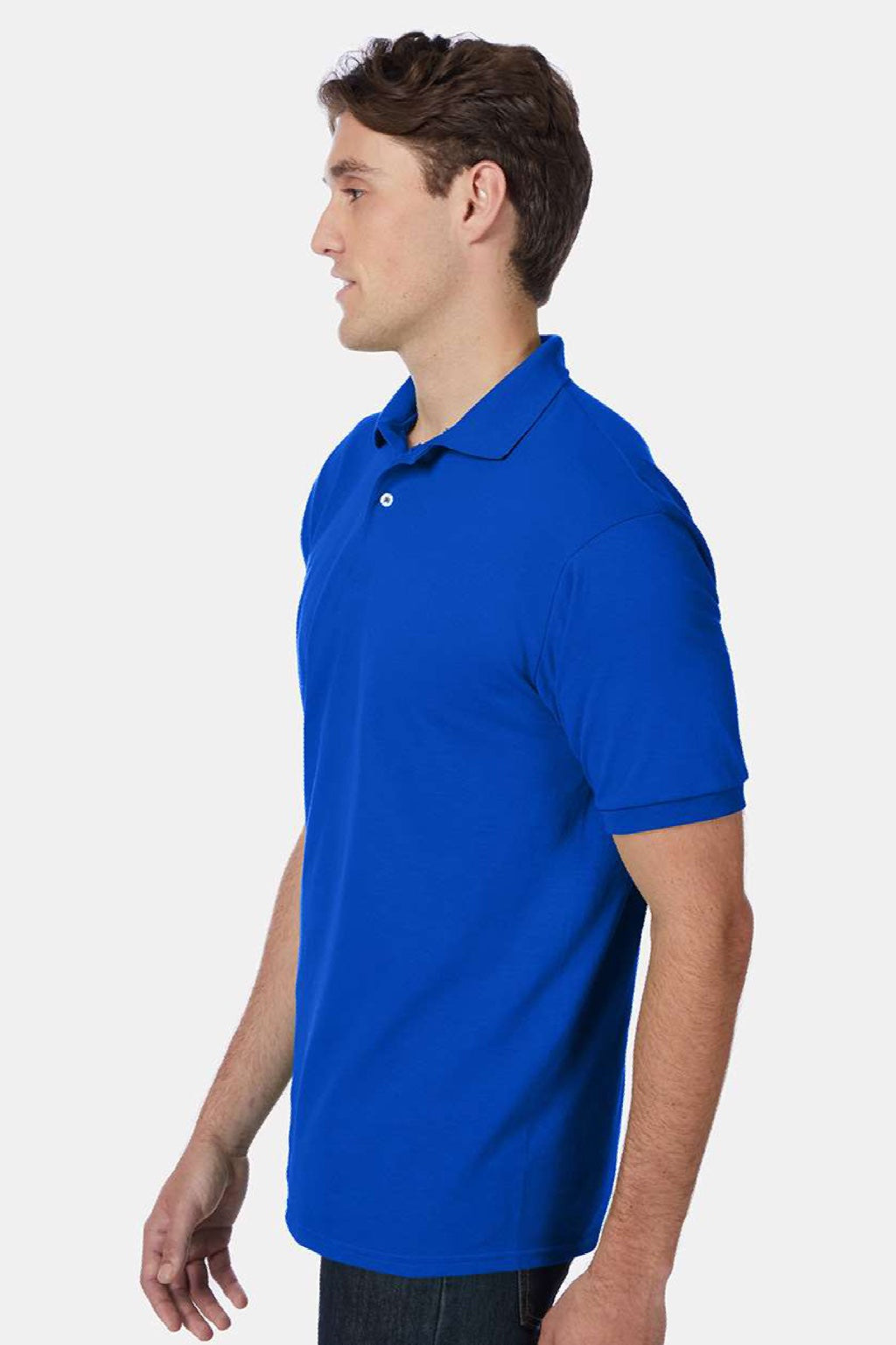 Hanes 054X Mens EcoSmart Short Sleeve Polo Shirt Deep Royal Blue Model Side