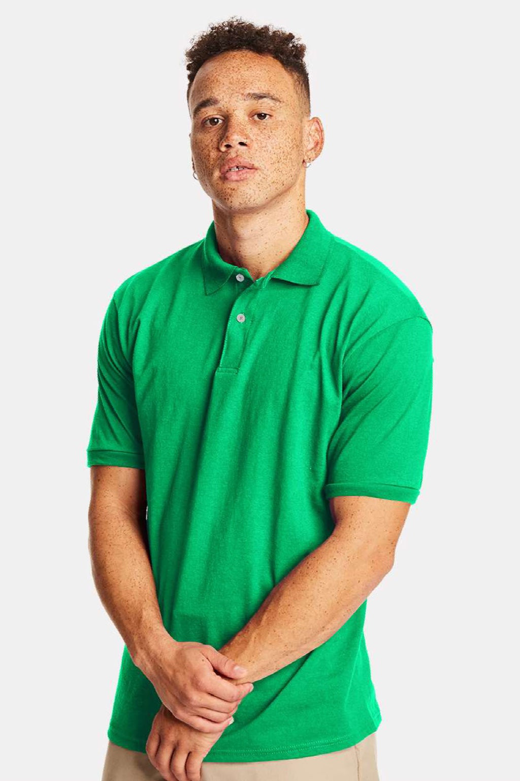 Hanes 054X Mens EcoSmart Short Sleeve Polo Shirt Kelly Green Model Front