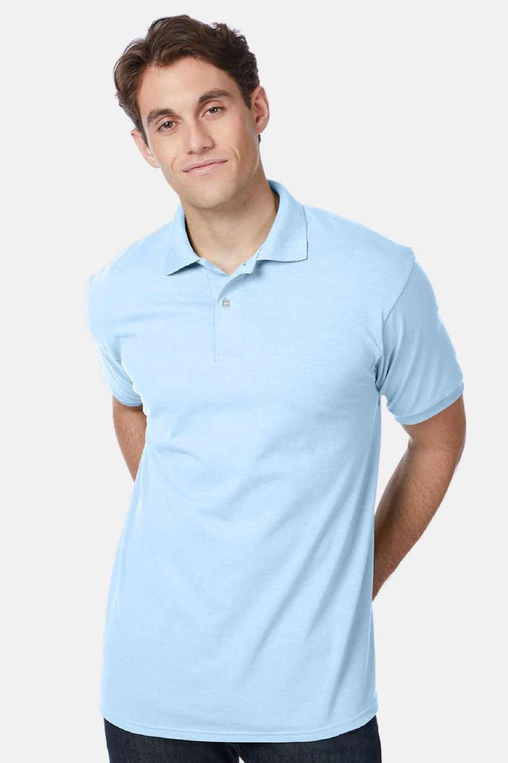 Hanes 054X Mens EcoSmart Short Sleeve Polo Shirt Light Blue Model Front
