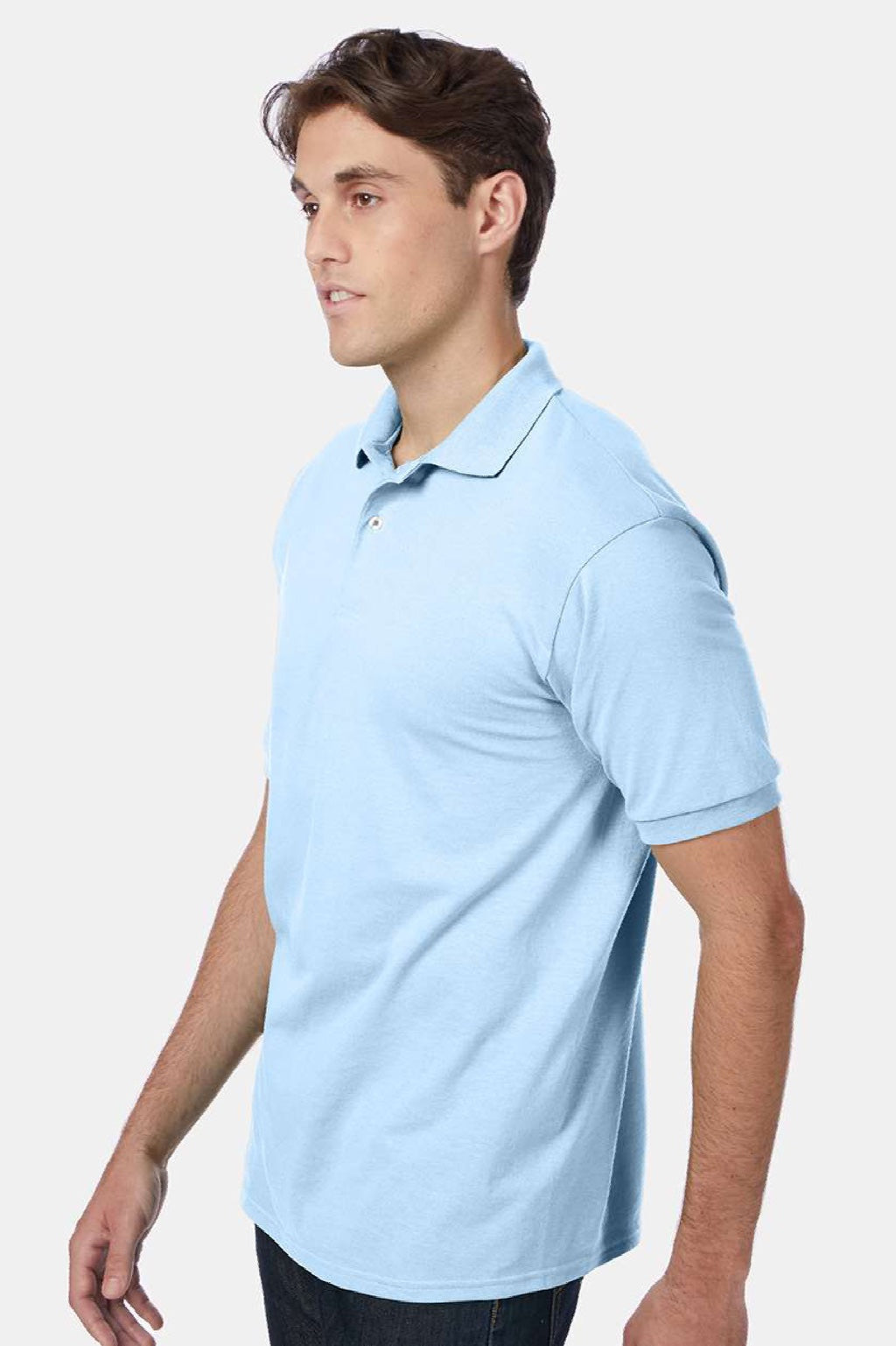 Hanes 054X Mens EcoSmart Short Sleeve Polo Shirt Light Blue Model Side