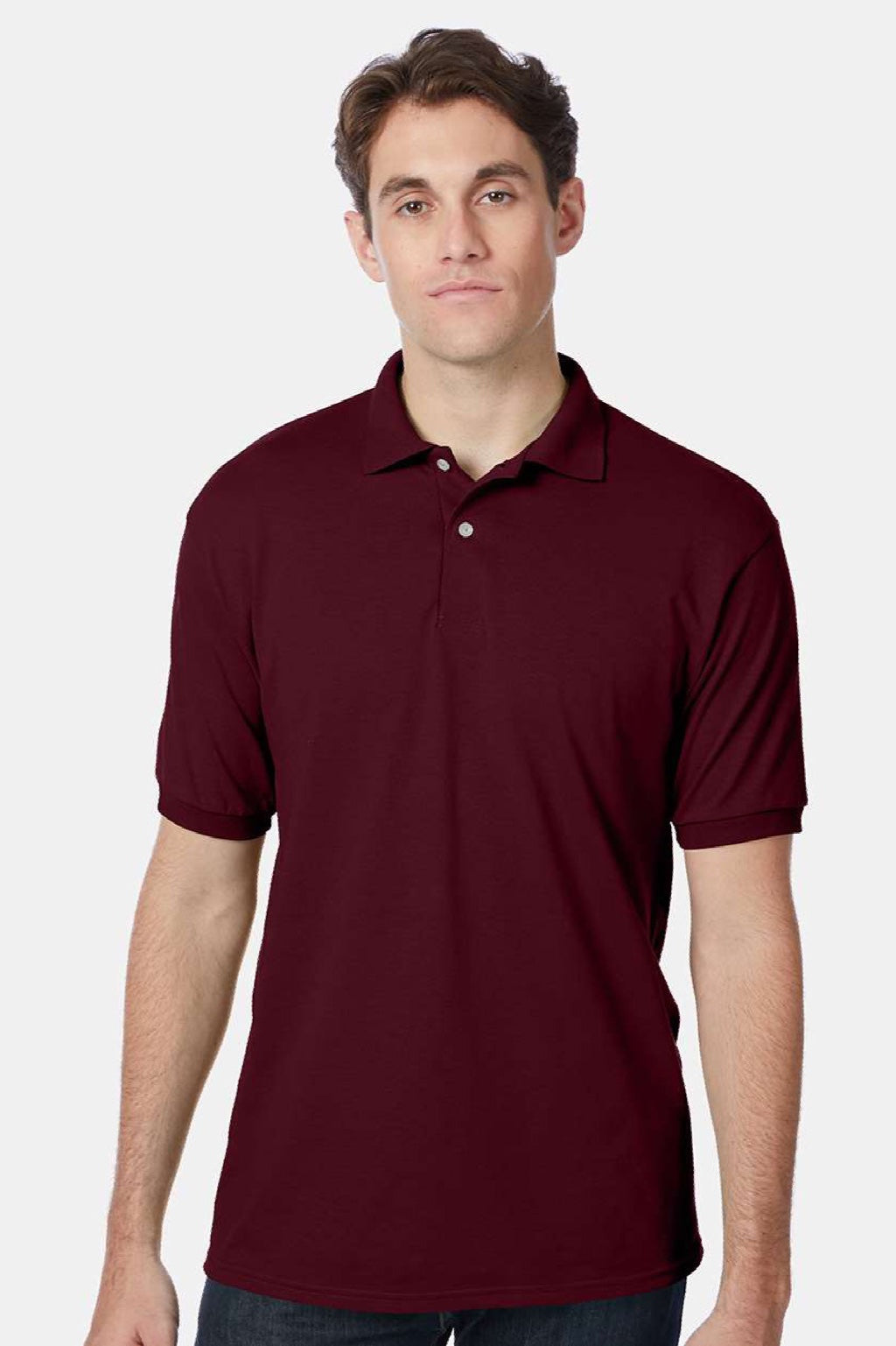 Hanes 054X Mens EcoSmart Short Sleeve Polo Shirt Maroon Model Front