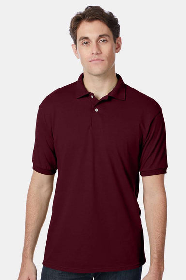 Hanes 054X Mens EcoSmart Short Sleeve Polo Shirt Maroon Model Front