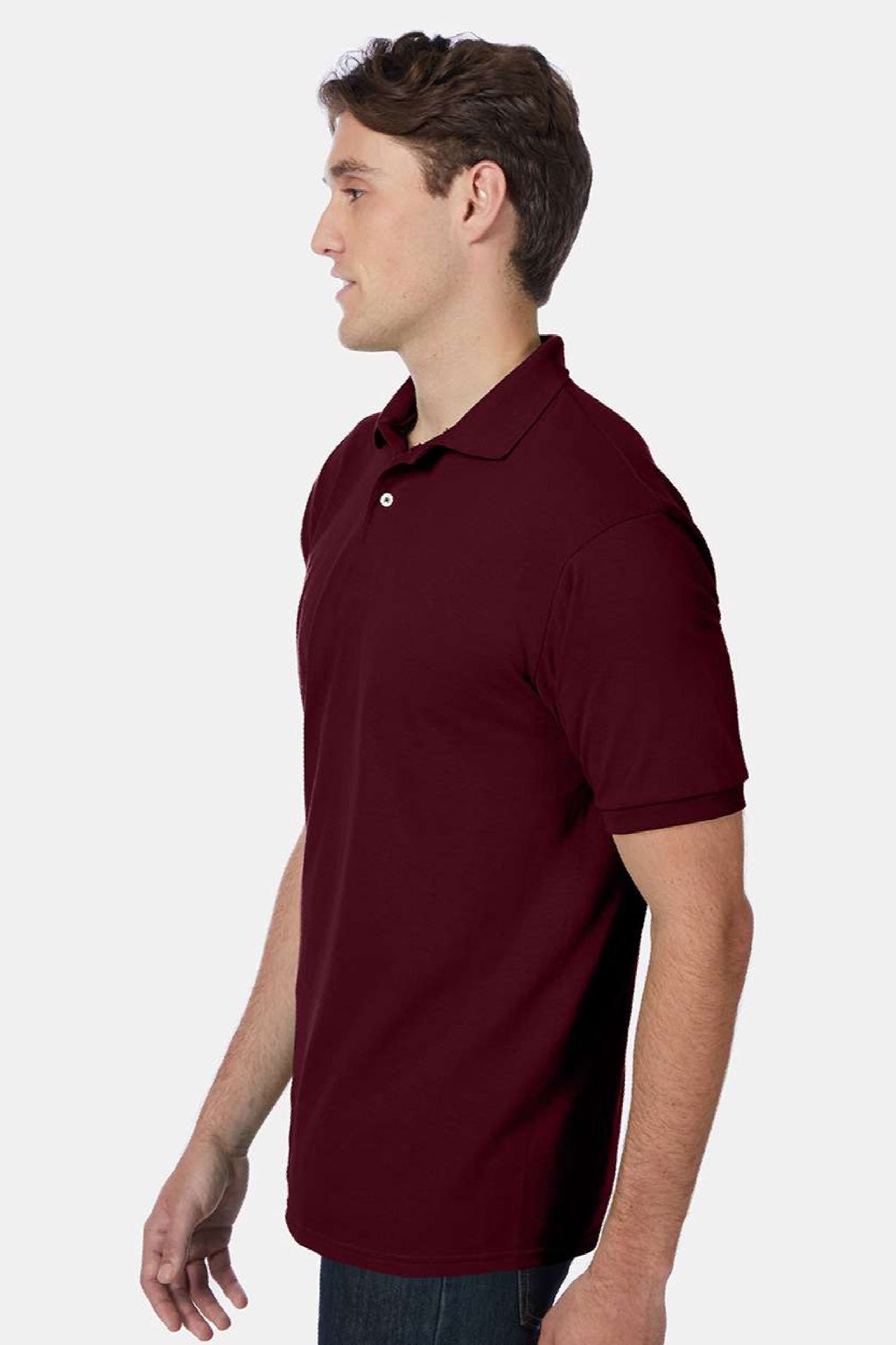 Hanes 054X Mens EcoSmart Short Sleeve Polo Shirt Maroon Model Side