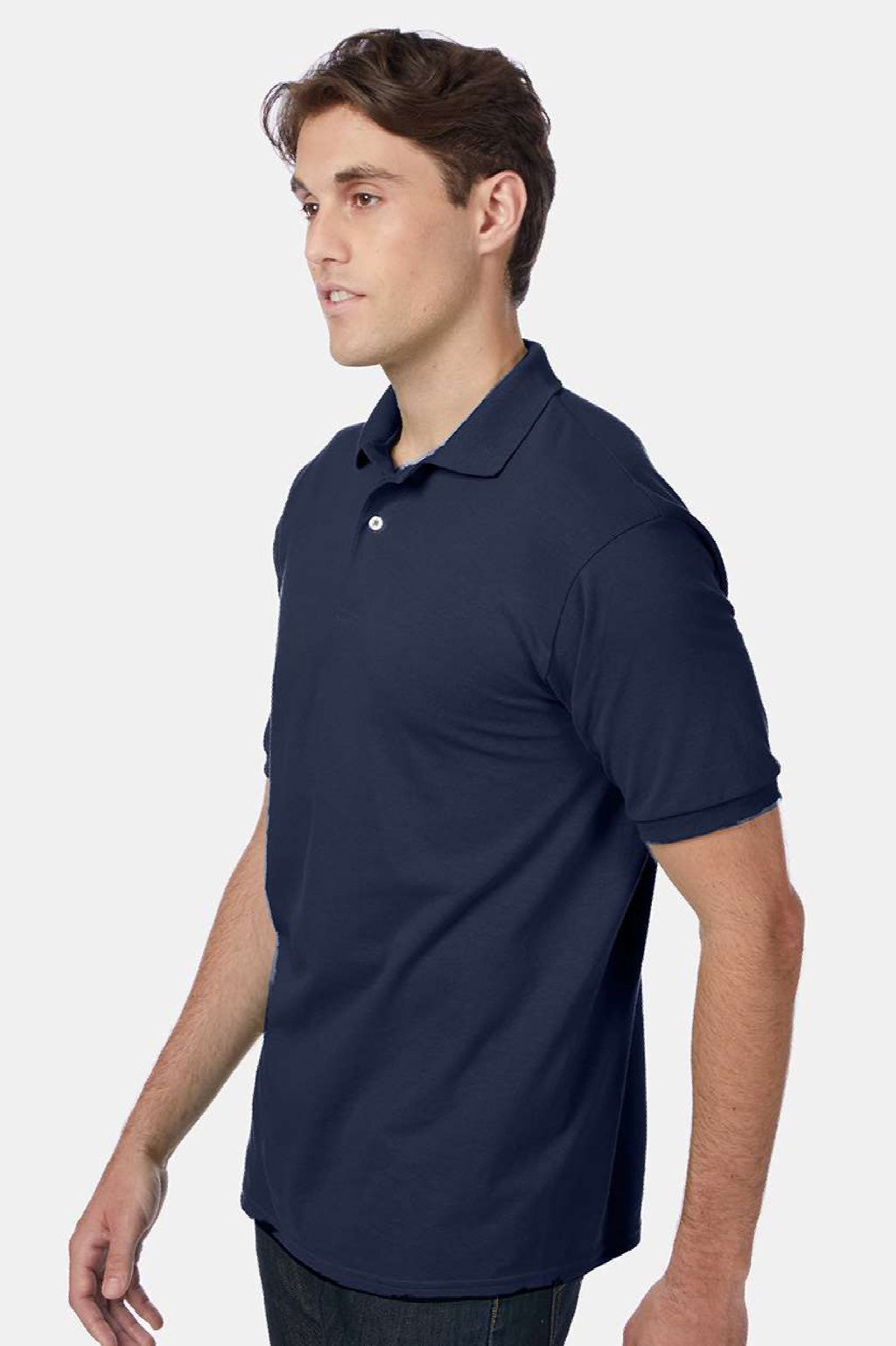 Hanes 054X Mens EcoSmart Short Sleeve Polo Shirt Navy Blue Model Side