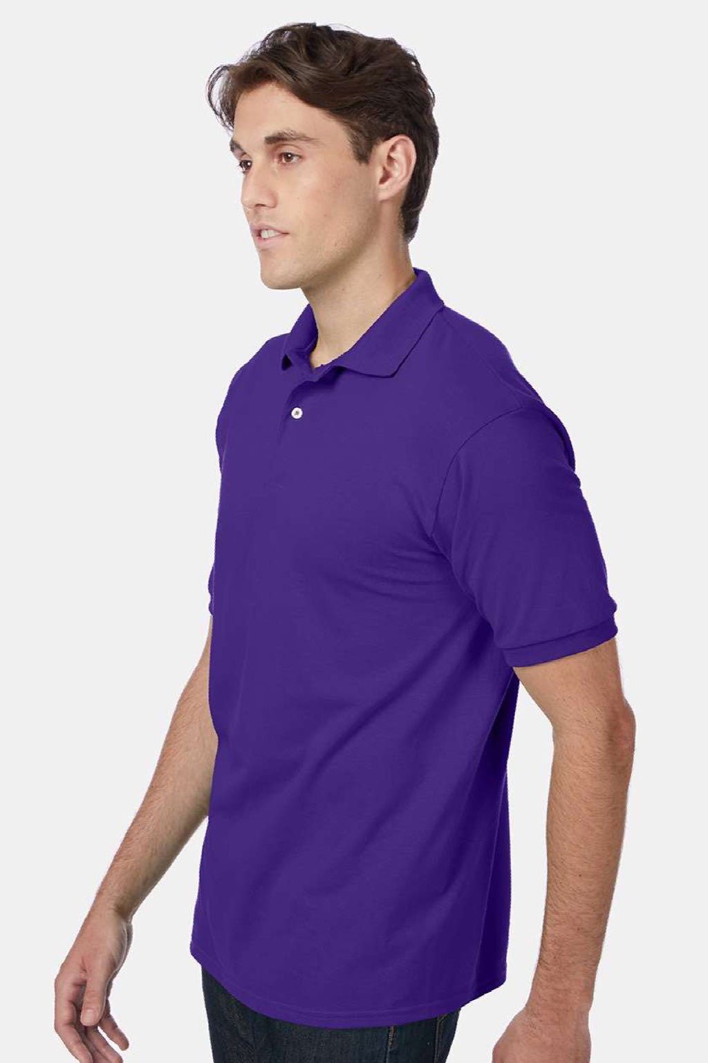 Hanes 054X Mens EcoSmart Short Sleeve Polo Shirt Purple Model Side