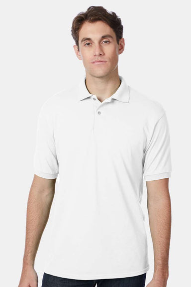 Hanes 054X Mens EcoSmart Short Sleeve Polo Shirt White Model Front