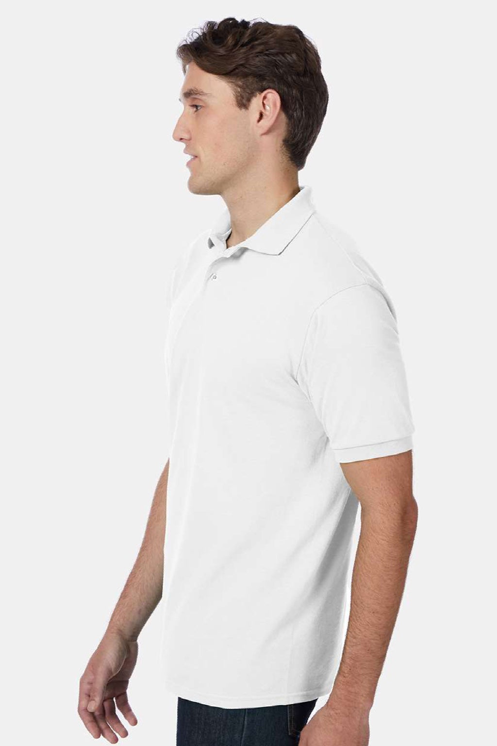 Hanes 054X Mens EcoSmart Short Sleeve Polo Shirt White Model Side