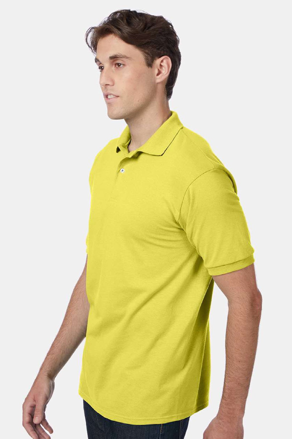 Hanes 054X Mens EcoSmart Short Sleeve Polo Shirt Yellow Model Side