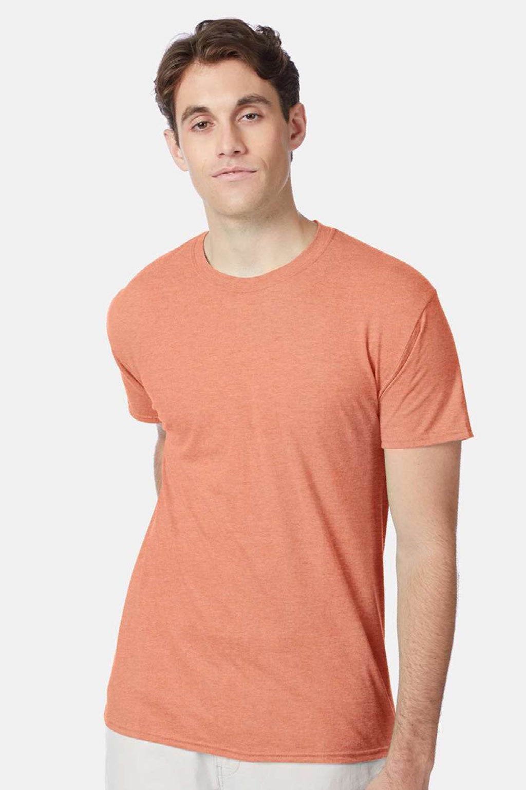 Hanes 42TB Mens Perfect-T Moisture Wicking Short Sleeve Crewneck T-Shirt Heather Cantaloupe Orange Model Front
