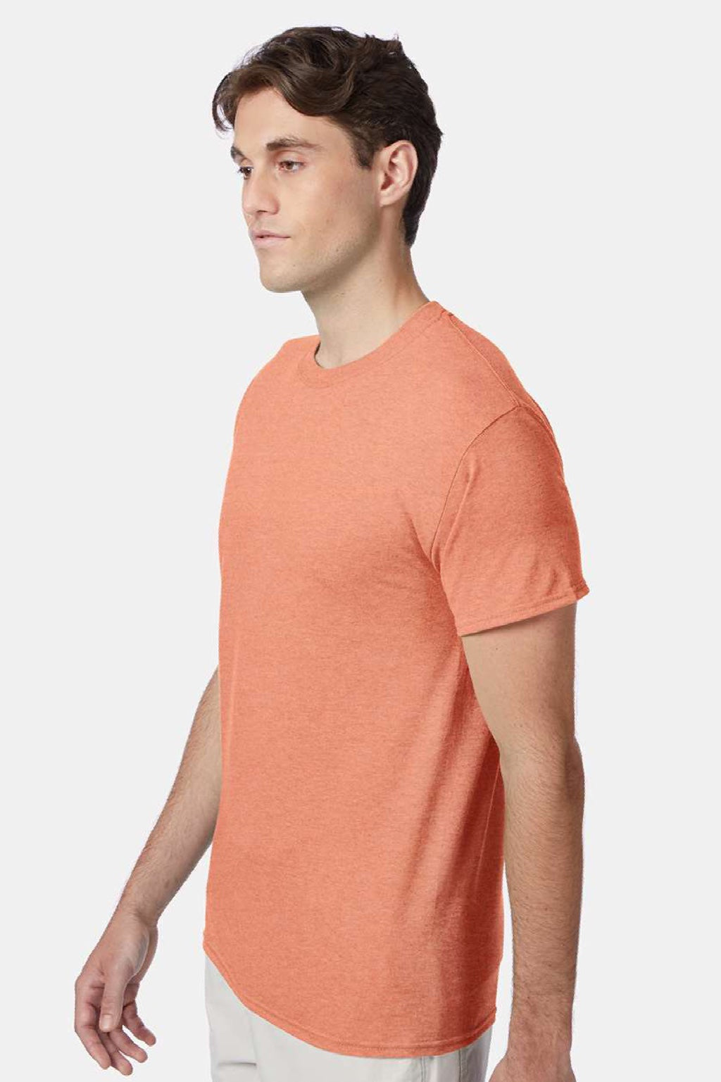 Hanes 42TB Mens Perfect-T Moisture Wicking Short Sleeve Crewneck T-Shirt Heather Cantaloupe Orange Model Side