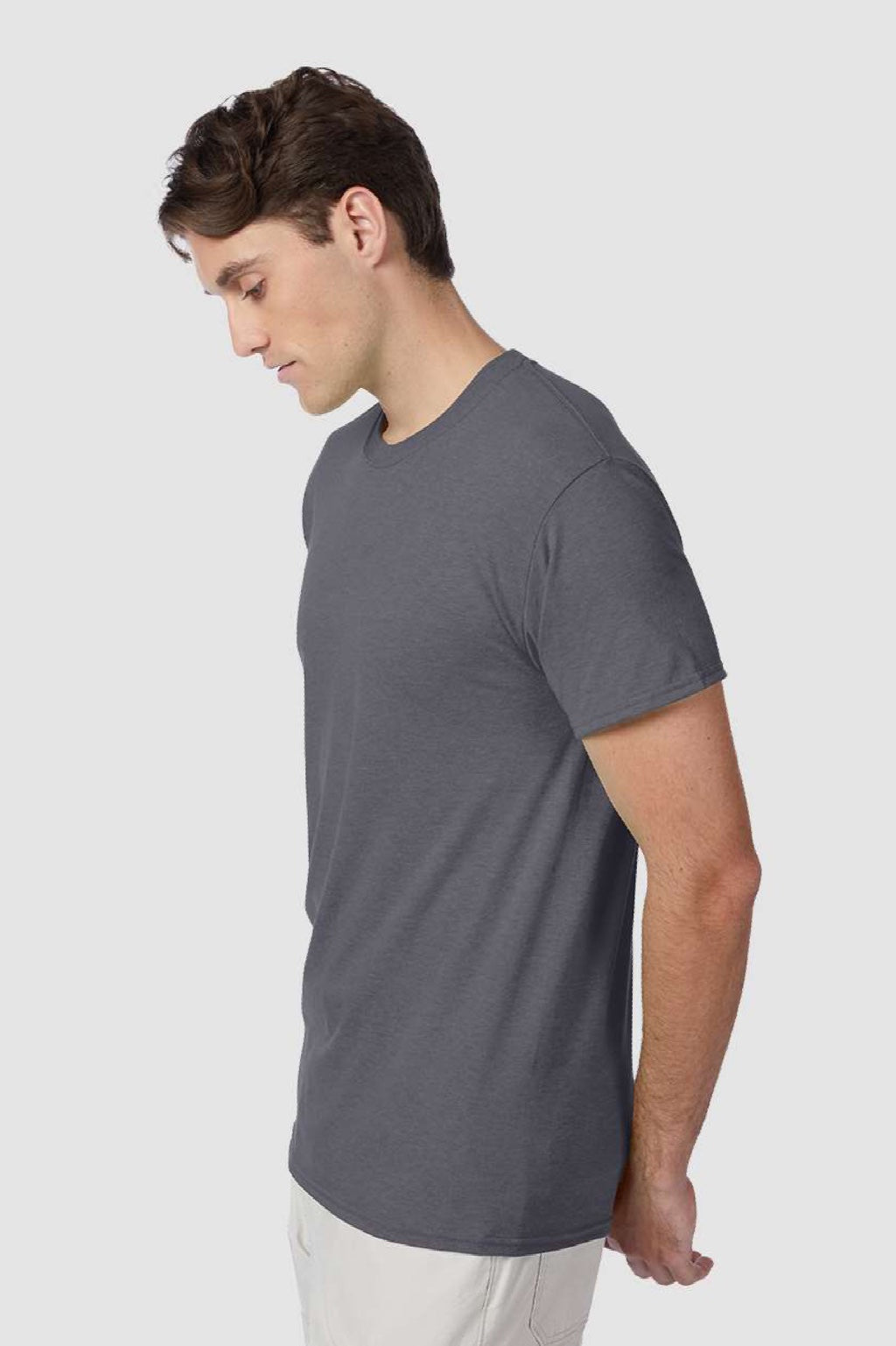 Hanes 42TB Mens Perfect-T Moisture Wicking Short Sleeve Crewneck T-Shirt Dada Grey Model Side