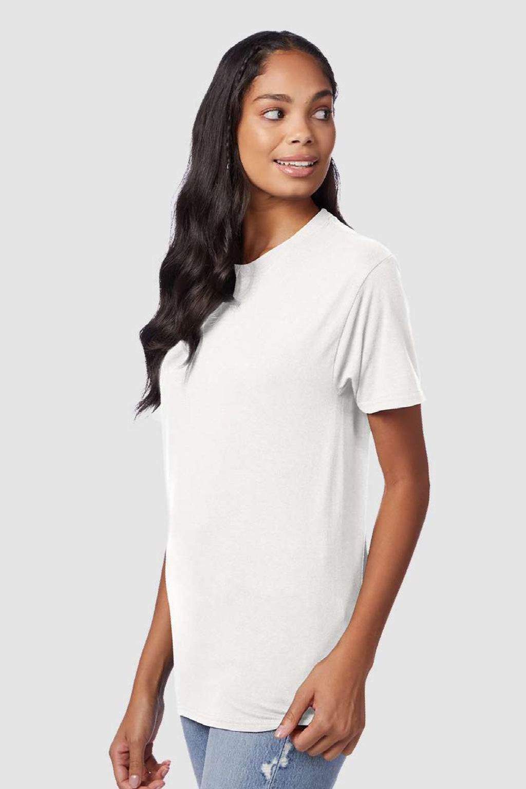 Hanes 42TB Mens Perfect-T Moisture Wicking Short Sleeve Crewneck T-Shirt Eco White Model Side