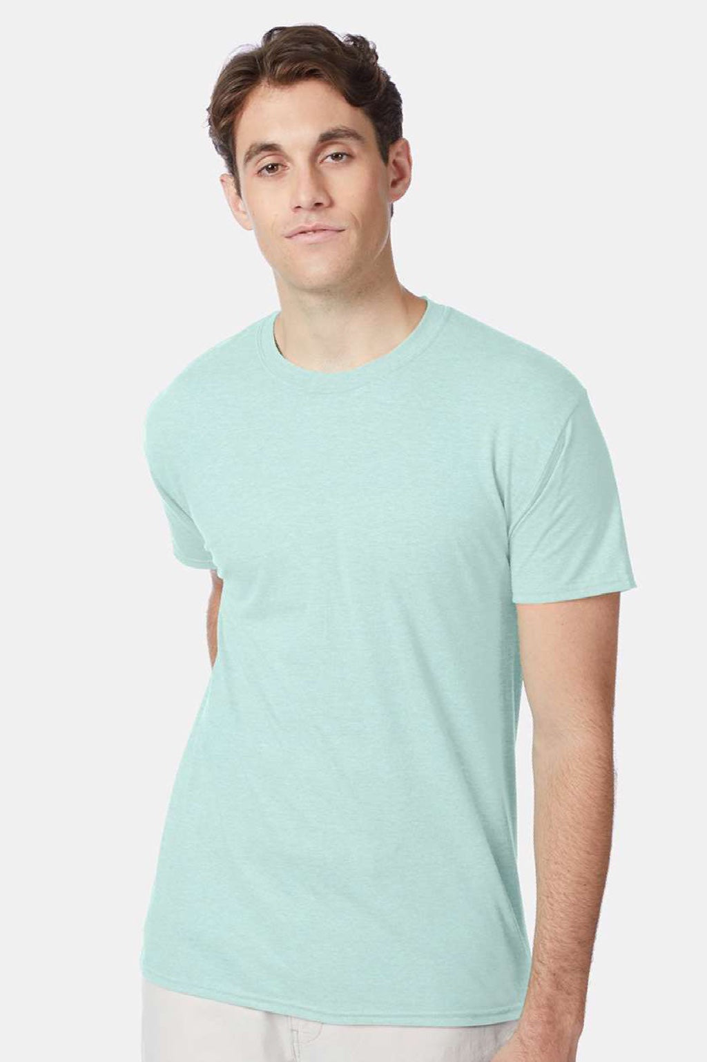 Hanes 42TB Mens Perfect-T Moisture Wicking Short Sleeve Crewneck T-Shirt Heather Ice Fall Model Front