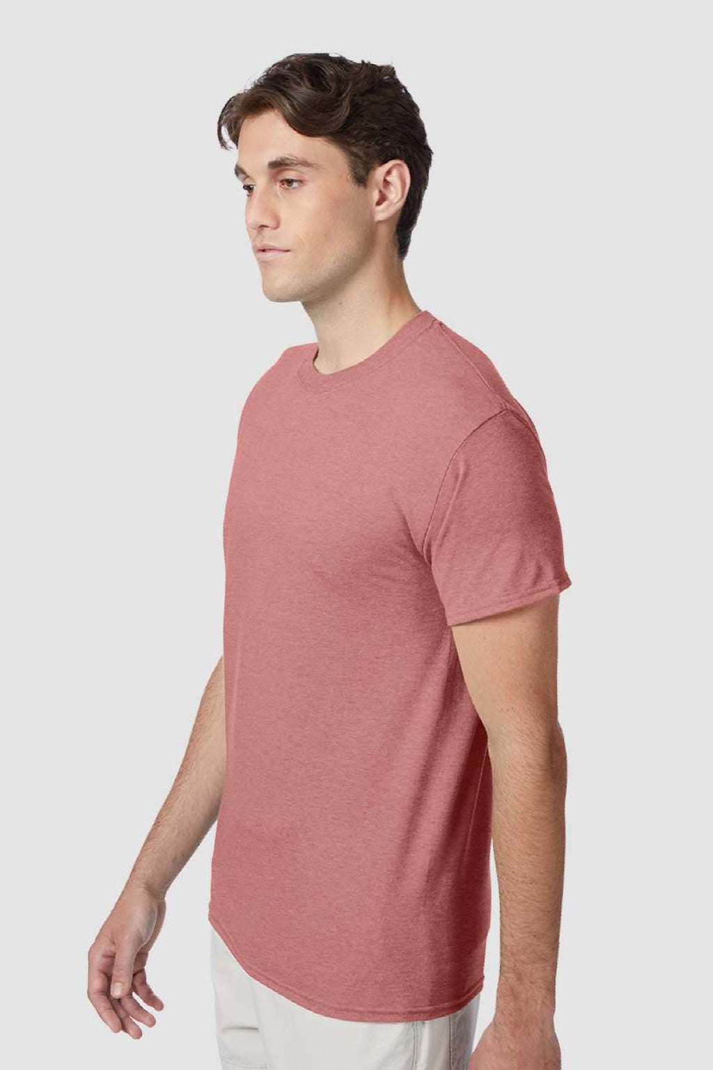 Hanes 42TB Mens Perfect-T Moisture Wicking Short Sleeve Crewneck T-Shirt Heather Mauve Model Side