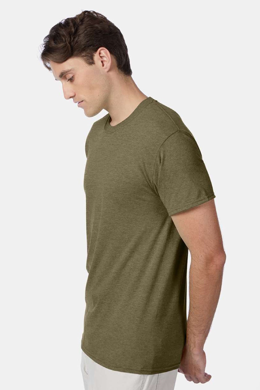 Hanes 42TB Mens Perfect-T Moisture Wicking Short Sleeve Crewneck T-Shirt Heather Oregano Model Side