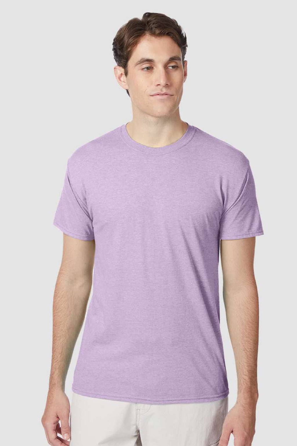 Hanes 42TB Mens Perfect-T Moisture Wicking Short Sleeve Crewneck T-Shirt Heather Pale Violet Purple Model Front